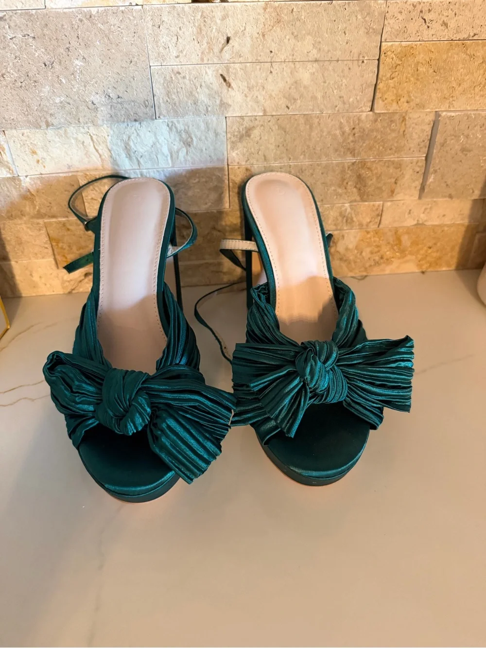 Emerald Satin Knotted Platform Heeled Sandals Never worn
